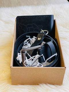 მამაკაცის ხელნაკეთი ტყავის საფულე, ქამარი და საკიდი (სამეული)